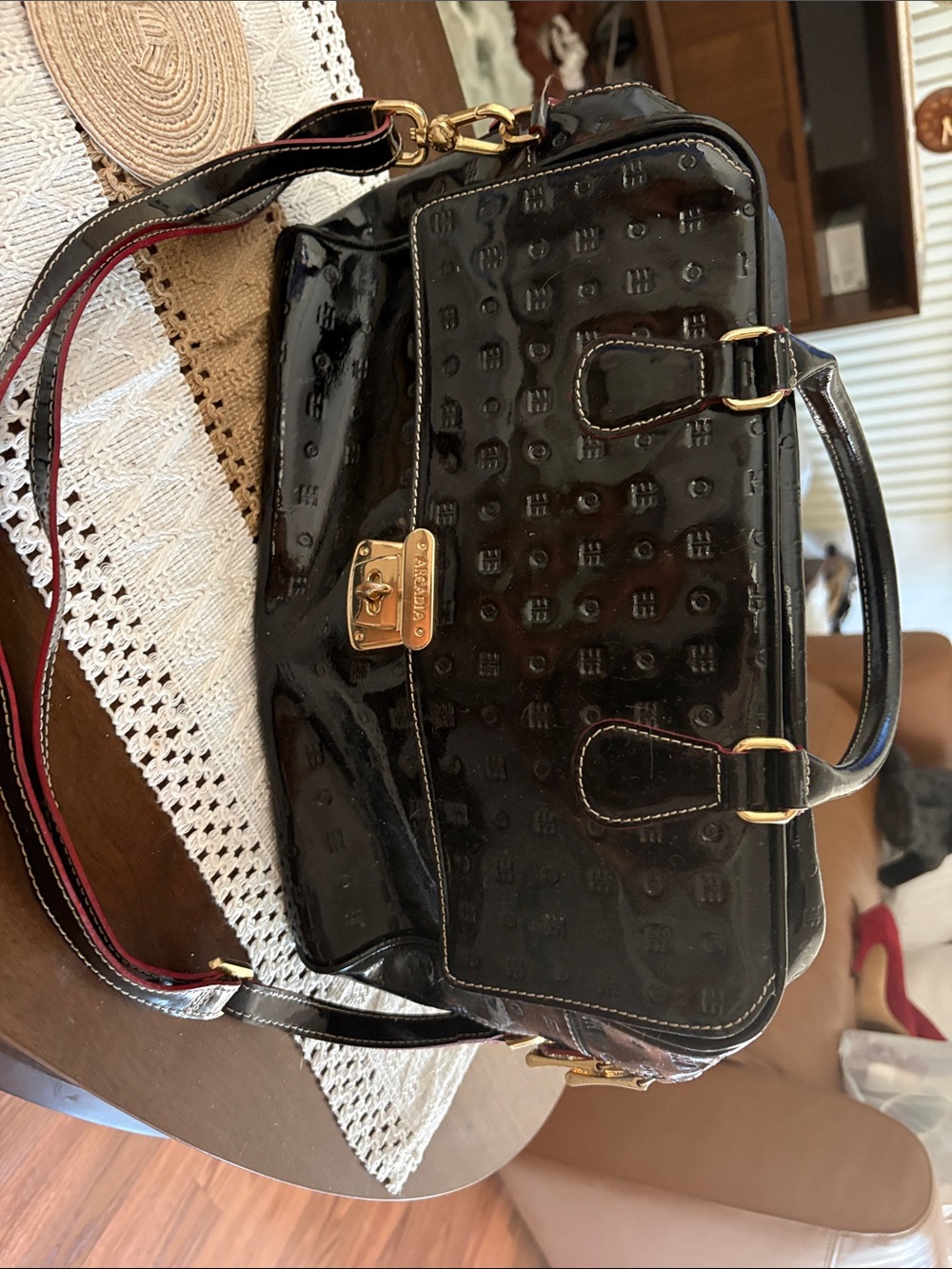 Arcadia Black Patent Leather Satchel with Gold Hardware and Red-Trim Strap
